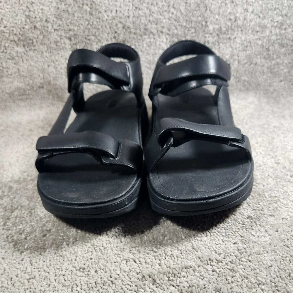 FitFlop Surff Adjustable Leather Back-Strap Sandals Black Womens 10